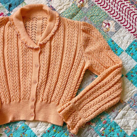 Vintage 40s/50s Creamsicle Hand Knit Ruffled Peaked Puff Sleeve Cardigan Sweater - Picture 1 of 6